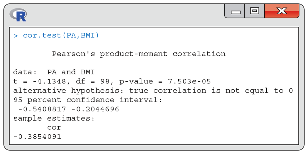 An R output for a correlation test.