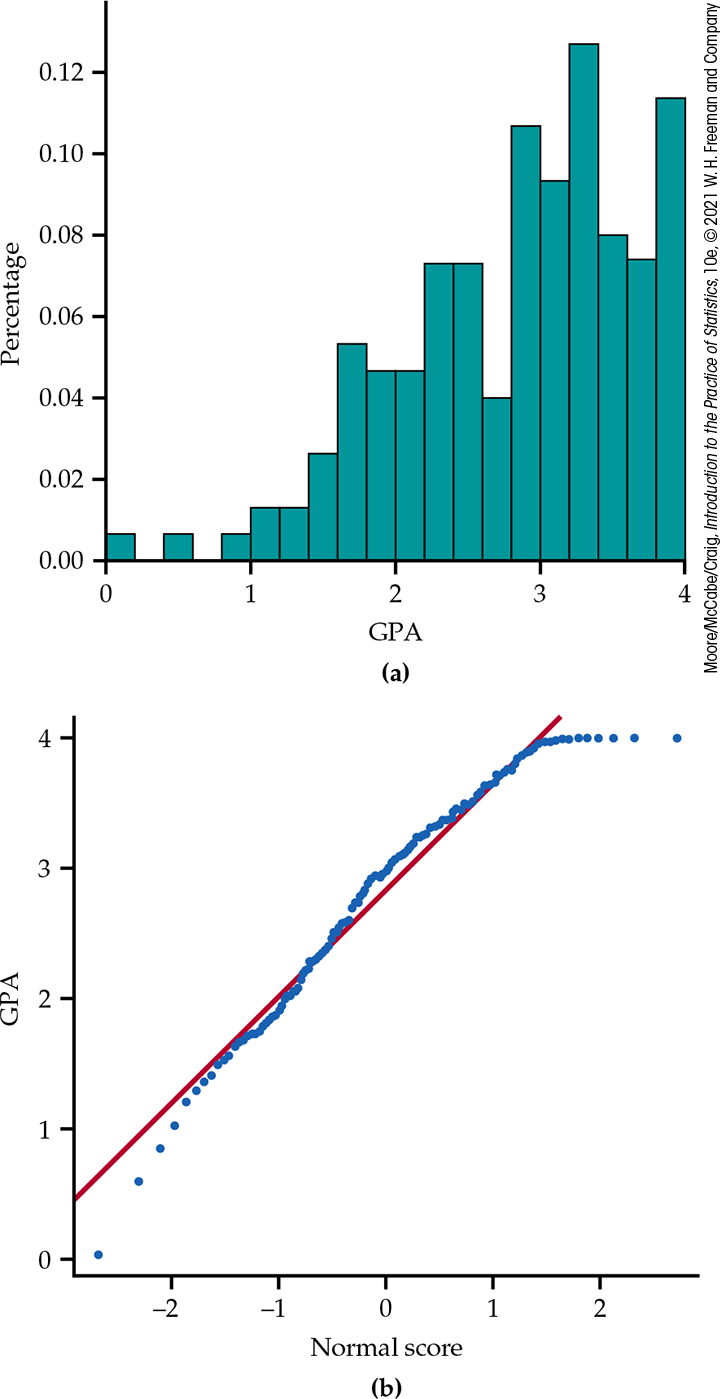 A histogram and normal quantile plot.